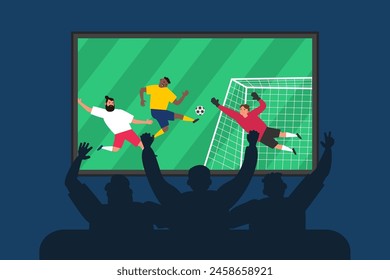 men football  fans watching  tv translation  soccer championship  online vector illustration