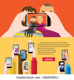 Men fotografiruetsja using a modern phone. Many hands with smartphones and different applications in them. Color, vector, flat illustration.