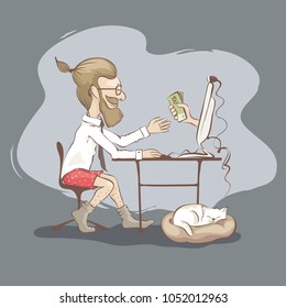 Men freelancer / Young man works on the computer on home and receives a salary, funny vector illustration