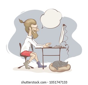 Men freelancer / Young men works on the computer on home, funny vector illustration