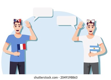 Men with French and Argentine flags. The concept of international communication, education, sports, travel, business. Dialogue between France and Argentina. Vector illustration.