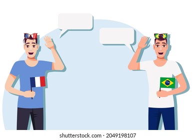 Men with French and Brazilian flags. Background for the text. Communication between native speakers of the language. Vector illustration.