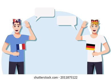 Hombres con banderas francesas y alemanas. Antecedentes del texto. Comunicación entre hablantes nativos de la lengua. Ilustración vectorial.