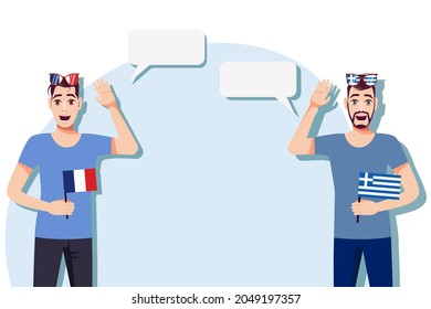 Men with French and Greek flags. The concept of international communication, education, sports, travel, business. Dialogue between France and Greece. Vector illustration.