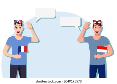 Men with French and Indonesian flags. The concept of international communication, education, sports, travel, business. Dialogue between France and Indonesia. Vector illustration.