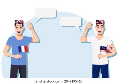 Men with French and Malaysian flags. Background for text. Communication between native speakers of France and Malaysia. Vector illustration.