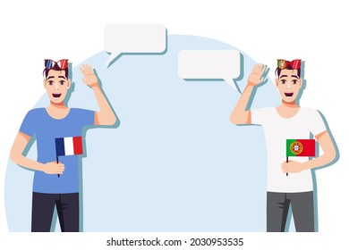Men with French and Portuguese flags. The concept of international communication, education, sports, travel, business. Dialogue between France and Portugal. Vector illustration.