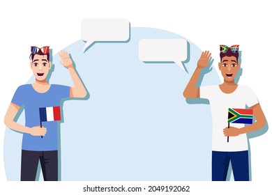 Men with French and South African flags. Background for text. Communication between native speakers of France and South Africa. Vector illustration.