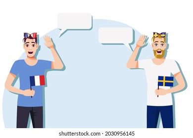 Men with French and Swedish flags. The concept of international communication, education, sports, travel, business. Dialogue between France and Sweden. Vector illustration.