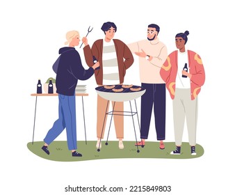 Hombres amigos en la fiesta de barbacoa al aire libre. Personas reunidas en barbacoa en vacaciones de verano. Gente relajándose, cocinando carne asada juntos. Ilustración vectorial plana aislada en fondo blanco