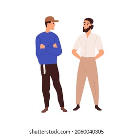 Men friends chatting. Young guys standing together and talking. Couple of males speaking to each other. Dialog and communication between people. Flat vector illustration isolated on white background