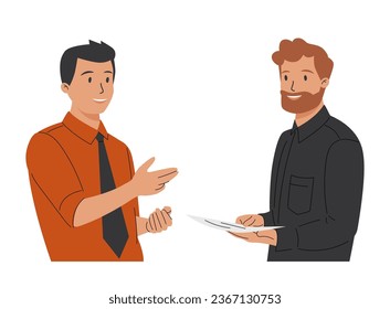 Amigos hombres charlando. Jóvenes parados juntos y hablando. Un par de hombres se hablan entre ellos. Diálogo y comunicación entre personas. Ilustración vectorial plana aislada en fondo blanco