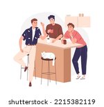 Men friends gathering at home kitchen. Guys buddies hanging out, talking at tea party. Bros meeting together. Male friendship concept. Flat vector illustration isolated on white background