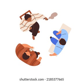 Men friends gathering together, talking, top view. Overhead guys during communication. People group from above, relaxing, meeting outdoors. Flat vector illustration isolated on white background