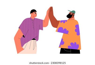 Men friends giving high five, slapping palms. Guys meeting, greeting with informal hi gesture, saying hello. Interracial male characters. Flat vector illustration isolated on white background