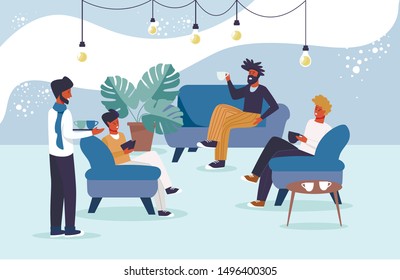 Men Friends Group Rest at Cafe Flat Illustration. Cartoon Restaurant or Coffee Shop Interior with Furniture. Waiter Carrying Tray with Hot Drinks in Cups. Vector Male Characters Relax and Chat