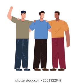 men friends hugging characters isolated
