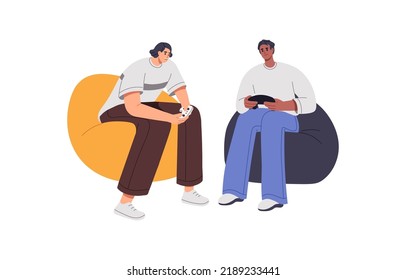 Men friends with joysticks in hands playing video game, sitting in chairs. Happy young guys players relaxing with videogame consoles. Flat graphic vector illustration isolated on white background