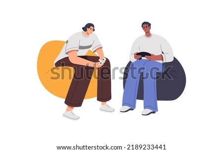 Men friends with joysticks in hands playing video game, sitting in chairs. Happy young guys players relaxing with videogame consoles. Flat graphic vector illustration isolated on white background