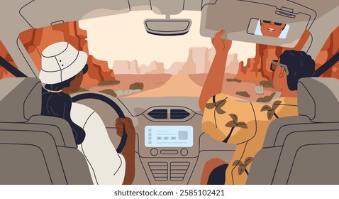 Men friends on road trip. Driver driving, passenger friend inside auto interior from back, behind. Travel, adventure, journey through canyon cliffs, view from windshield. Flat vector illustration