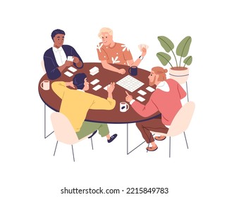 Men friends playing board game, sitting at table. Guys players during boardgame at home. Male characters buddies resting together on weekend. Flat vector illustration isolated on white background