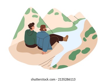 Men friends relaxing on cliff after hiking in wild nature. Couple enjoying view of mountains and river. Hikers rest in adventure, travel. Flat graphic vector illustration isolated on white background