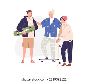 Men friends with skateboards. Modern guys buddies skateboarders with skate boards at leisure. Friendship and urban sport activity. Flat graphic vector illustration isolated on white background