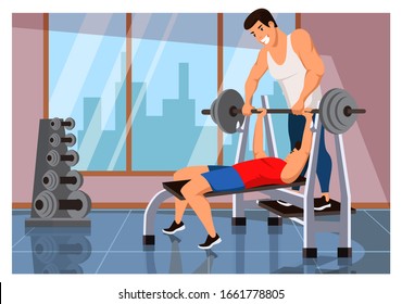 Men friends training at sport gym. Guy with barbell doing bench press. Trainer help client insuring during exercising. Healthcare and bodybuilding. Dumbbell on rack. Vector illustration