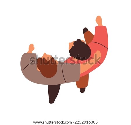Men friends walking, hugging, overhead top down view. Guys couple, young buddies, fellows going outdoors, strolling on street together. Flat graphic vector illustration isolated on white background