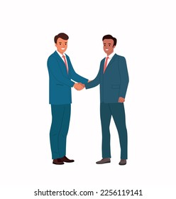 Men in full height shake hands. Male handshake of business partners. Vector cartoon flat style illustration