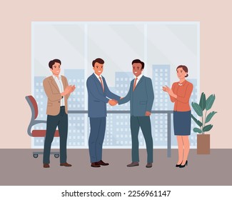 Los hombres a plena altura dan la mano en la oficina. El apretón de manos masculino de los socios comerciales. Hombre y mujer aplaudiendo. Ilustración de estilo plano de dibujos animados