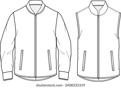 chaqueta de bombardero de cremallera llena de hombres, bolsillos en la chaqueta delantera de hombres, hombres chalecos con cremallera, vector de moda, cad, vector de dibujo técnico	
