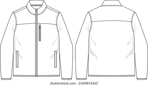 Men full zip jacket long sleeves, boxy fit, Elasticized binding at sleeve and body hem, funnel neck, zipper chest pocket on wearer left side, hand welt pockets, yoke at front and back, front and back