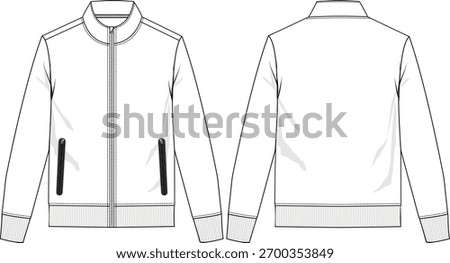 Men full-zip jacket long sleeve with front sealed black zipper pockets, rib cuff, mock neck, front and back view, vector sketches, outdoor, outerwear, light jacket
