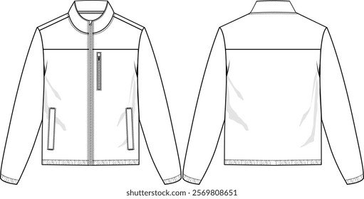 Men Full-zip Jacket with yoke at front and back, long sleeves with elasticized cuff and bottom hem, welt pockets, zipper pocket at wearer left chest side, front and back view, vector sketches