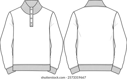 Men funnel neck sweater with buttons placket neckline, long sleeves, ribbed cuff and ribbed bottom band, sketch front and back, vectors