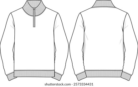 Men funnel neck sweater with quarter zipper, long sleeves, ribbed cuff and ribbed bottom band, sketch front and back, vectors