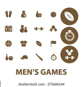 Men games, fitness, gym, sport icons, and signs. illustrations set, vector