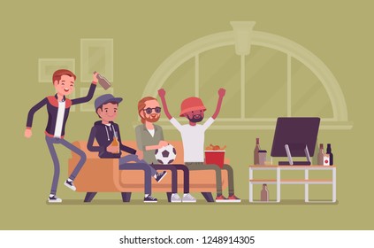 Men gathering at home, assembly or friends meeting. Group of football fanatics sitting on coach watching TV match, guys enjoy drinking and male entertainment. Vector flat style cartoon illustration