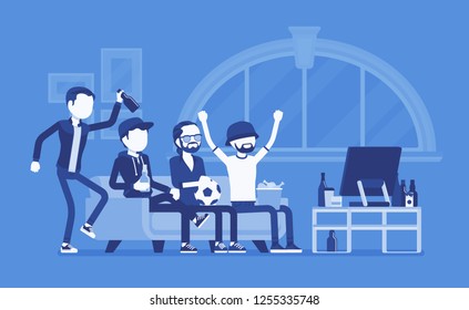 Men gathering at home, assembly or friends meeting. Group of football fanatics sitting on coach watching TV match, guys enjoy drinking and male entertainment. Vector illustration, faceless characters