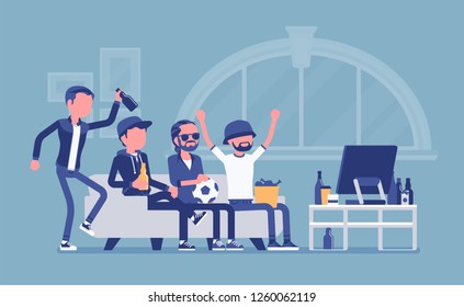 Men gathering at home, assembly or friends meeting. Group of football fanatics sitting on coach watching TV match, guys enjoy drinking and male entertainment. Vector illustration, faceless characters