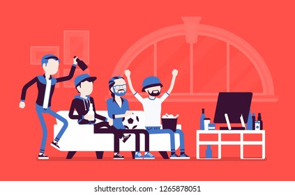 Men gathering at home, assembly or friends meeting. Group of football fanatics sitting on coach watching TV match, guys enjoy drinking and male entertainment. Vector illustration, faceless characters