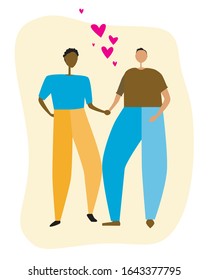 A men gay married or boyfriend isolated on a white background for design. Flat vector stock illustration as concept of lgbt tolerance and love. Interracial couple with african american and european