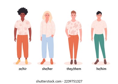 Men with gender pronouns. She, he, they, ze, non-binary. Gender-neutral movement. LGBTQ community. Hand drawn vector illustration