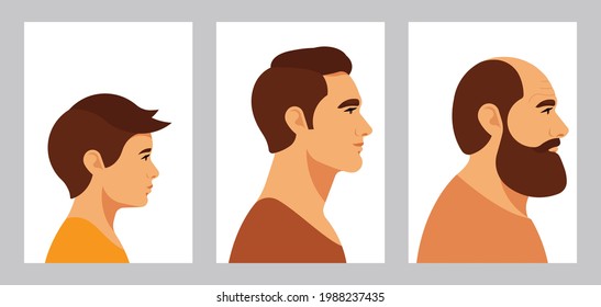 Men generation. Grandfather, father and grandson. Little boy, adult man, bald mature person. Set of people  different ages. Side view, brown hair, white skin. Modern illustration of realistic people.