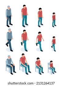Men generations isometric male characters set of all age categories from infancy to maturity isolated vector illustration