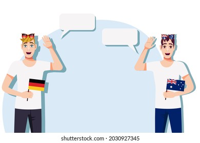 Men with German and Australian flags. Background for the text. The concept of sports, political, education, travel and business relations between Germany and Australia. Vector illustration.
