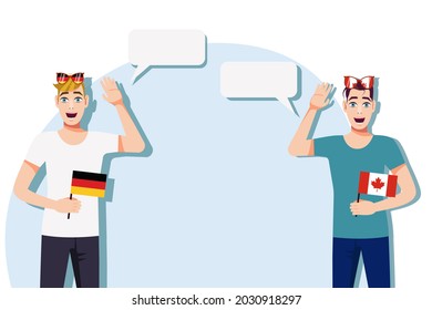 Men with German and Canadian flags. The concept of international communication, education, sports, travel, business. Dialogue between Germany and Canada. Vector illustration.