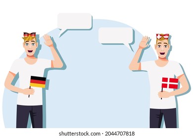 Men with German and Danish flags. Background for the text. Communication between native speakers of the language. Vector illustration.