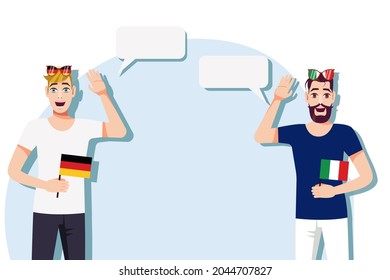Men with German and Italian  flags. The concept of international communication, education, sports, travel, business. Dialogue between Germany and Italy. Vector illustration.